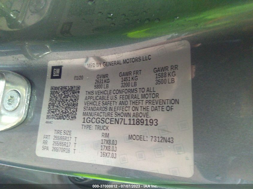 2020 CHEVROLET COLORADO 2WD LT - 1GCGSCEN7L1189193