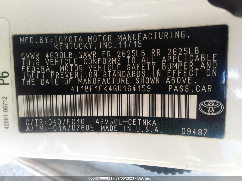 2016 TOYOTA CAMRY XLE/SE/LE/XSE - 4T1BF1FK4GU164159