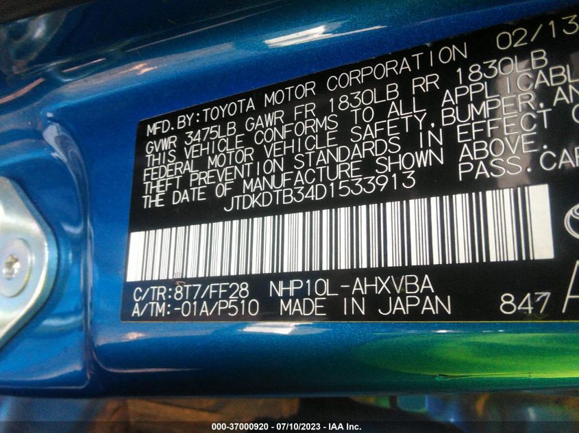 2013 TOYOTA PRIUS C ONE/TWO/THREE/FOUR - JTDKDTB34D1533913