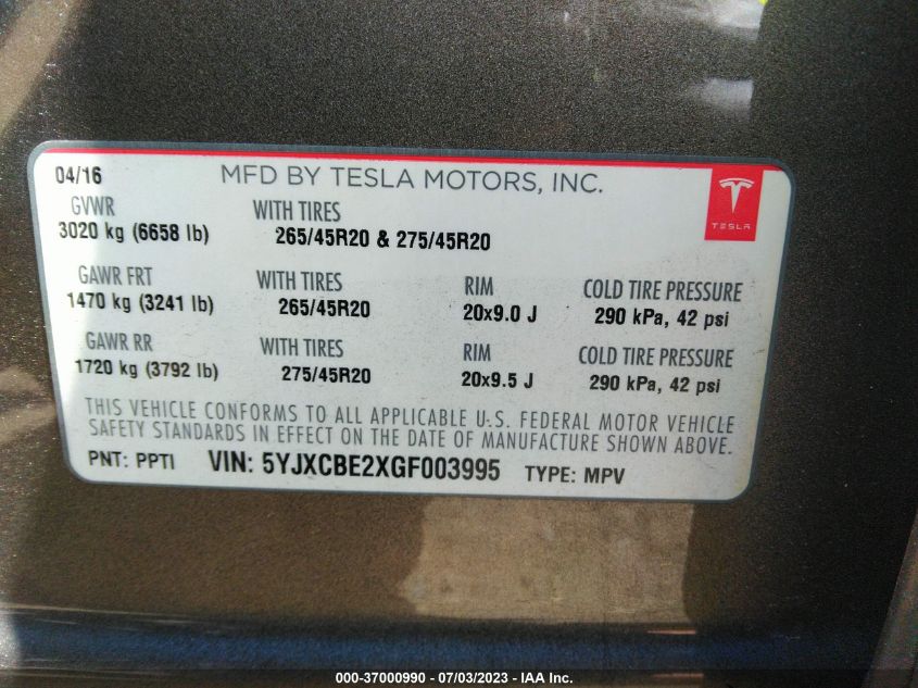 2016 TESLA MODEL X 70D/90D/75D/60D/P100D - 5YJXCBE2XGF003995