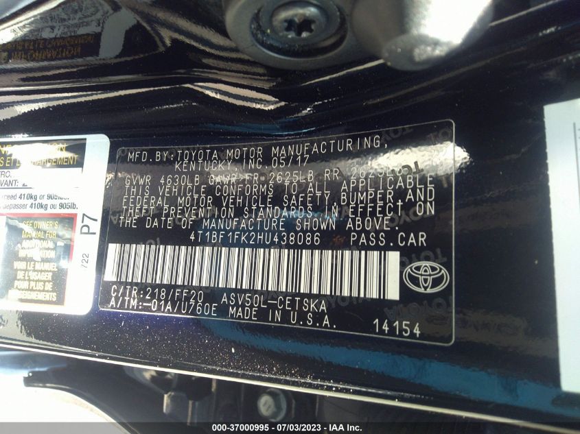 2017 TOYOTA CAMRY SE - 4T1BF1FK2HU438086