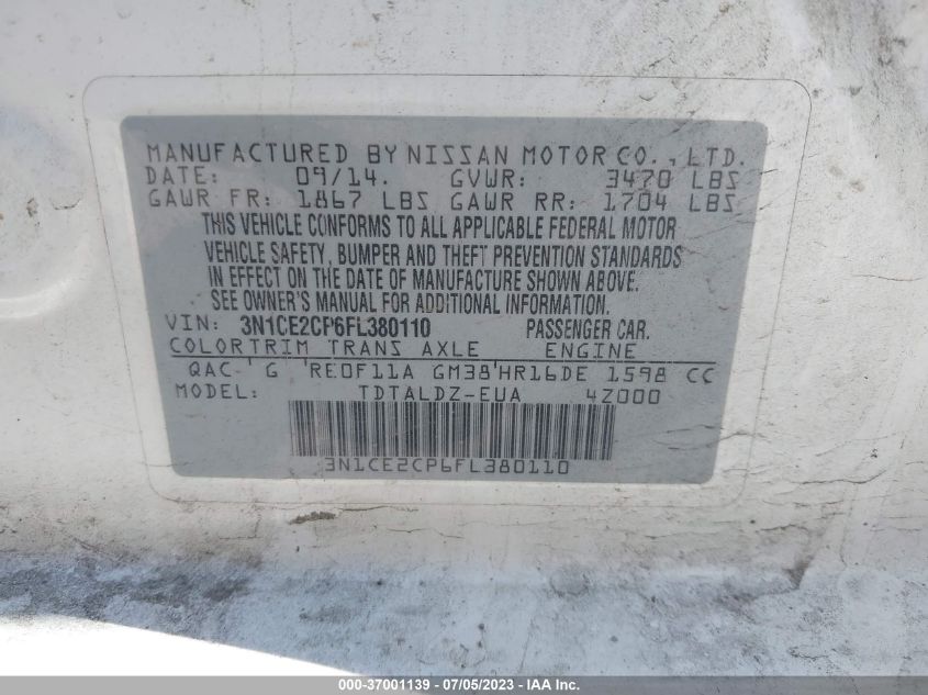2015 NISSAN VERSA NOTE S/S PLUS/SV/SR/SL - 3N1CE2CP6FL380110