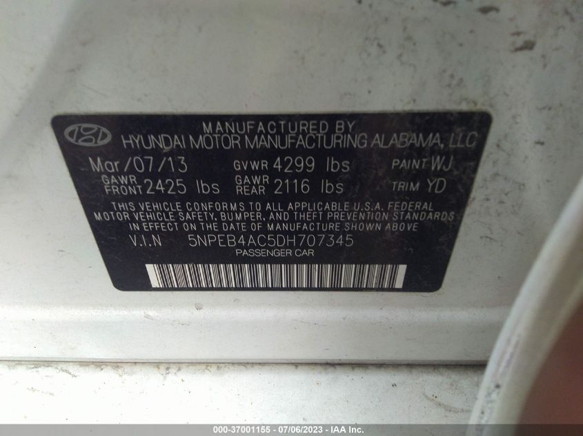 2013 HYUNDAI SONATA GLS PZEV - 5NPEB4AC5DH707345