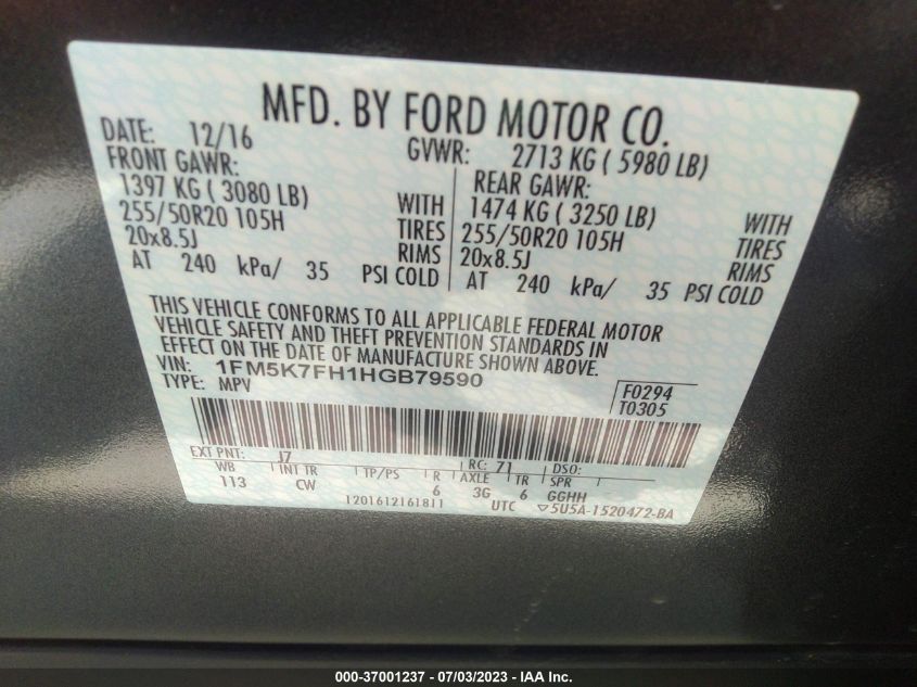 2017 FORD EXPLORER LIMITED - 1FM5K7FH1HGB79590