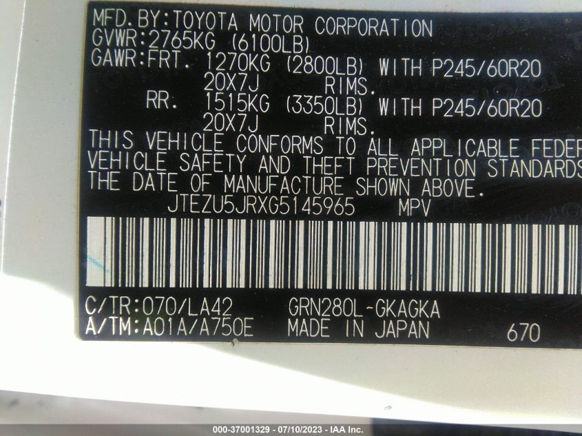 2016 TOYOTA 4RUNNER SR5/LIMITED/SR5 PREMIUM - JTEZU5JRXG5145965