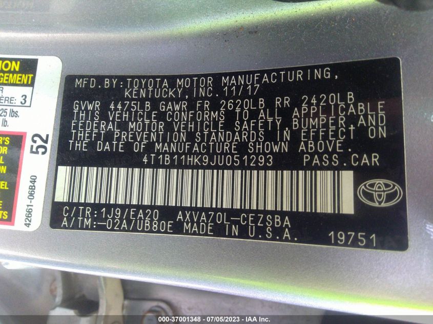 2018 TOYOTA CAMRY SE - 4T1B11HK9JU051293