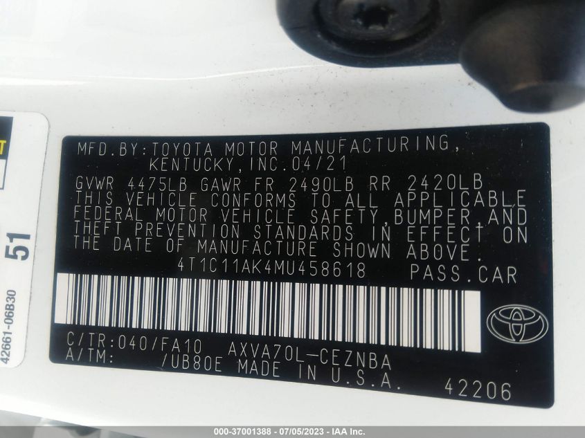2021 TOYOTA CAMRY LE - 4T1C11AK4MU458618