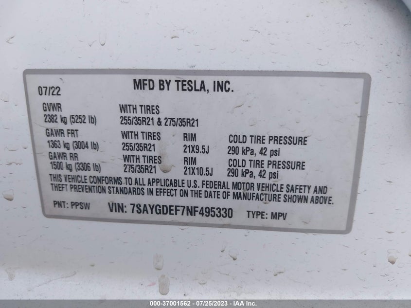 VIN 7SAYGDEF7NF495330 2022 TESLA MODEL Y PERFORMANCE