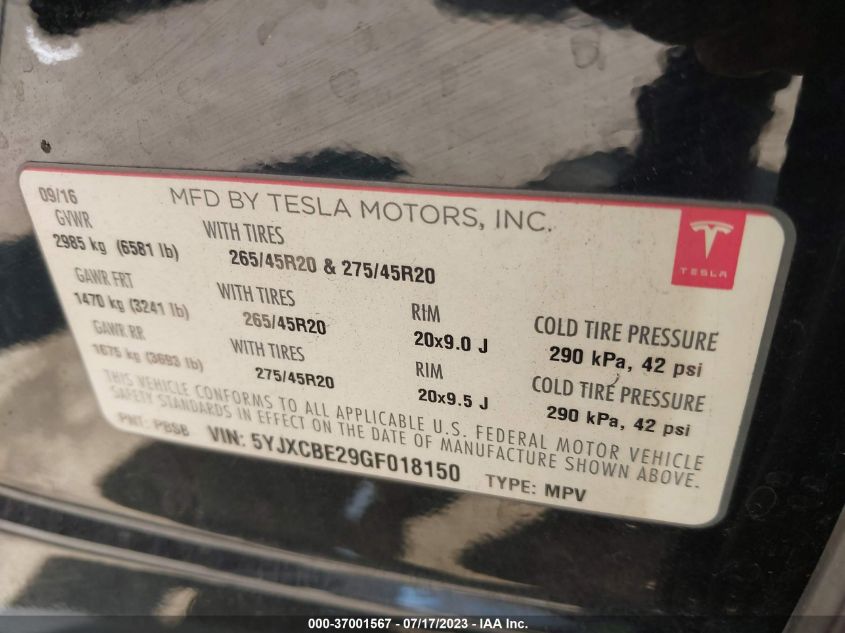 2016 TESLA MODEL X 70D/90D/75D/60D/P100D - 5YJXCBE29GF018150