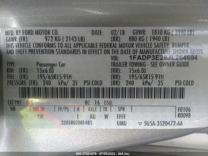 2018 FORD FOCUS S - 1FADP3E28JL264694