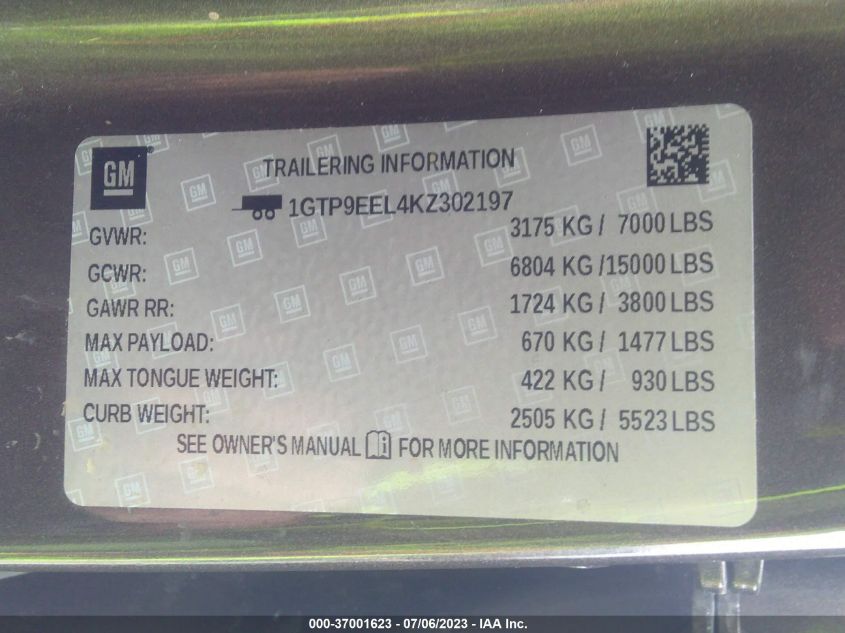2019 GMC SIERRA 1500 AT4 - 1GTP9EEL4KZ302197