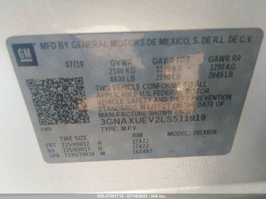 2020 CHEVROLET EQUINOX LT - 3GNAXUEV2LS511919