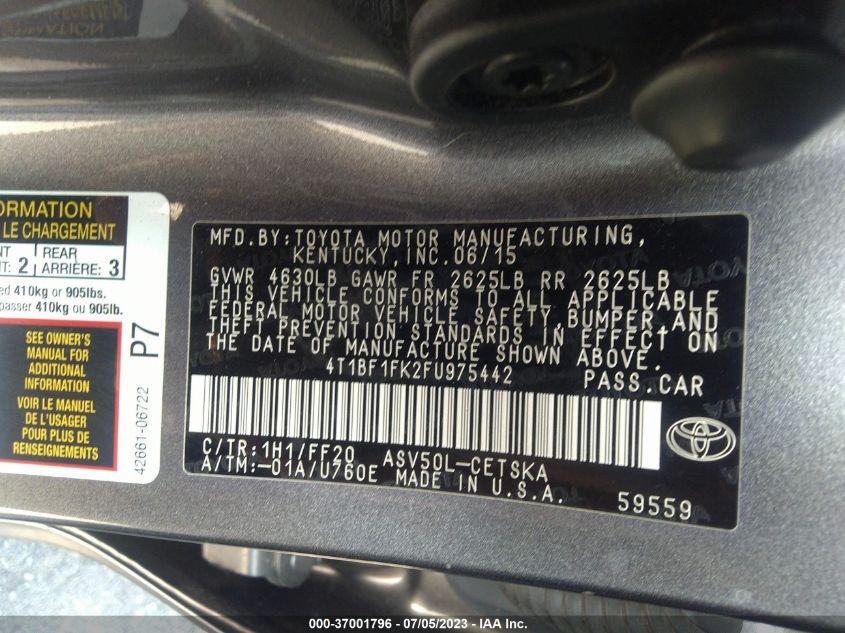 2015 TOYOTA CAMRY XLE/SE/LE/XSE - 4T1BF1FK2FU975442
