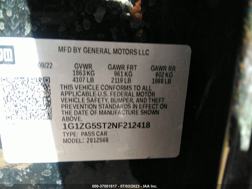 VIN 1G1ZG5ST2NF212418 2022 CHEVROLET MALIBU RS