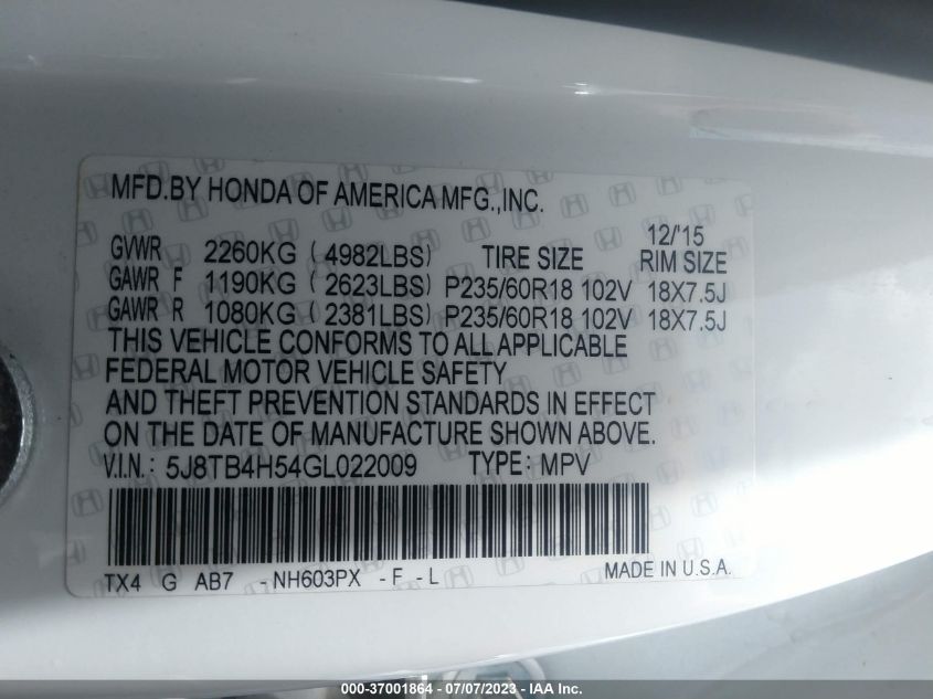 2016 ACURA RDX TECH PKG/TECH - 5J8TB4H54GL022009