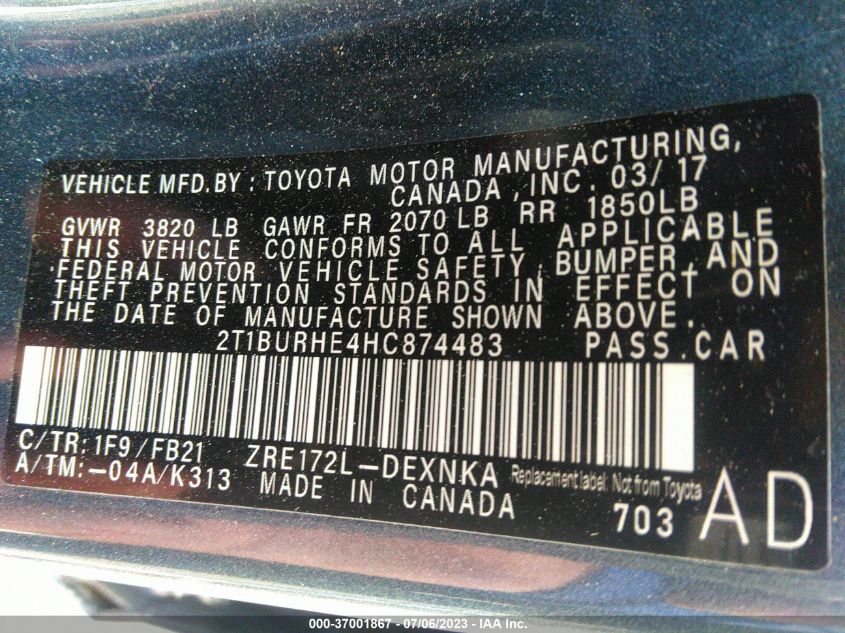 2017 TOYOTA COROLLA L/LE/XLE/SE - 2T1BURHE4HC874483