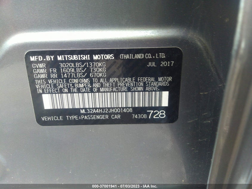 VIN ML32A4HJ2JH001408 2018 MITSUBISHI MIRAGE SE