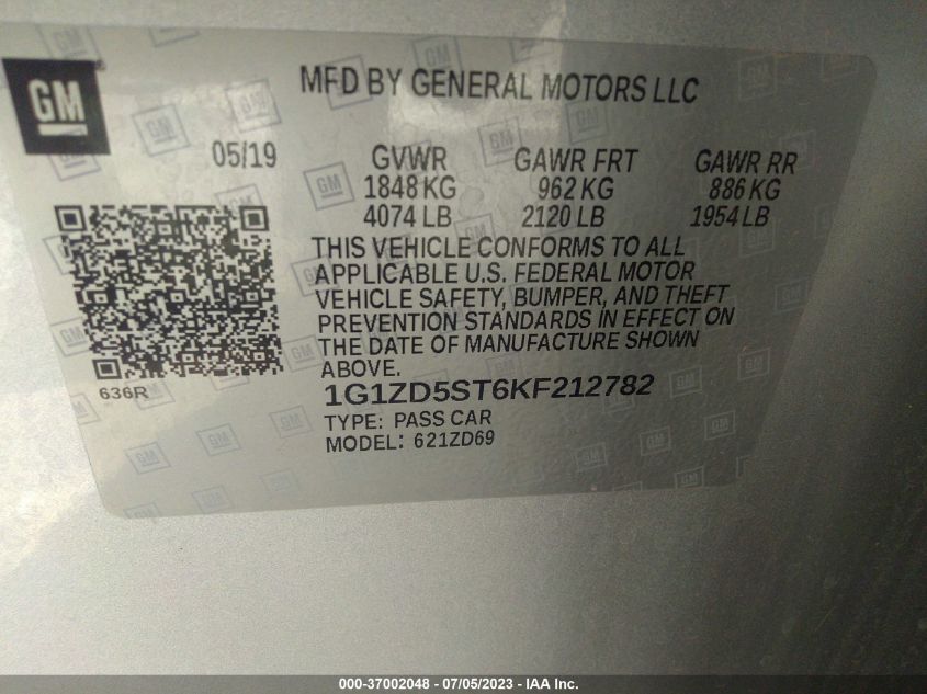 2019 CHEVROLET MALIBU LT - 1G1ZD5ST6KF212782