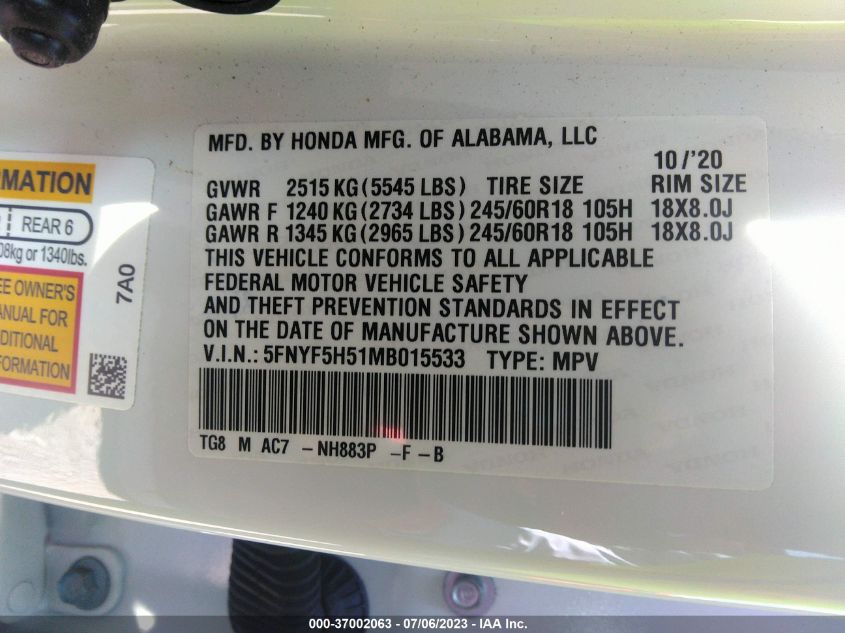 2021 HONDA PILOT EX-L - 5FNYF5H51MB015533