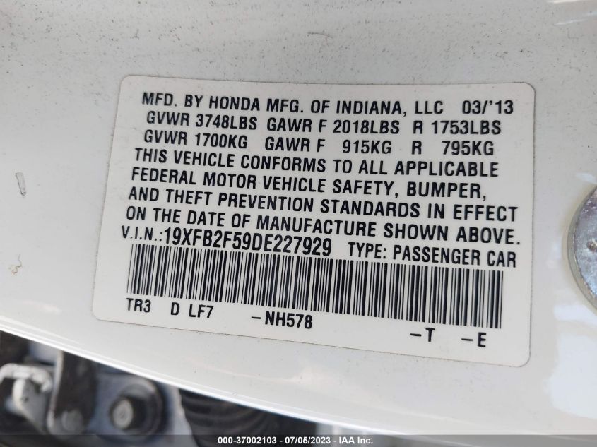 2013 HONDA CIVIC SDN LX - 19XFB2F59DE227929