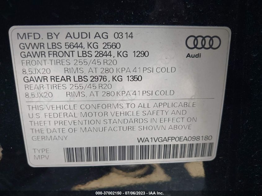 2014 AUDI SQ5 PRESTIGE WA1VGAFP0EA098180
