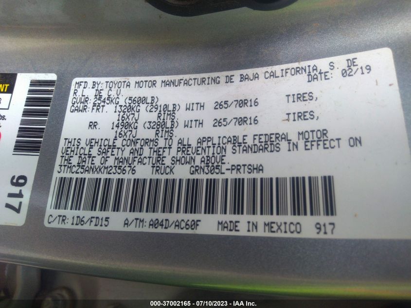2019 TOYOTA TACOMA 4WD SR/SR5/TRD SPORT - 3TMCZ5ANXKM235676