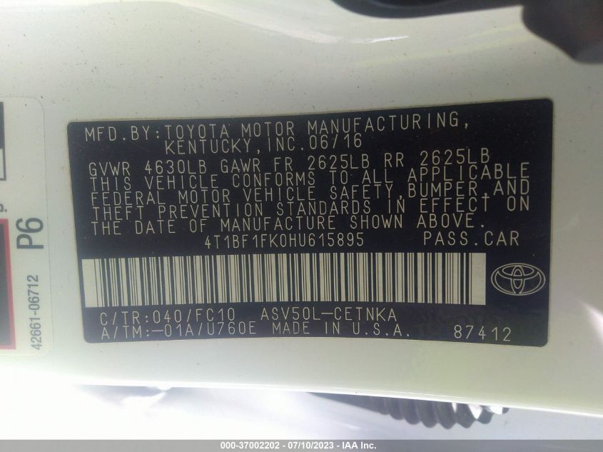 2017 TOYOTA CAMRY XLE/SE/LE/XSE - 4T1BF1FK0HU615895