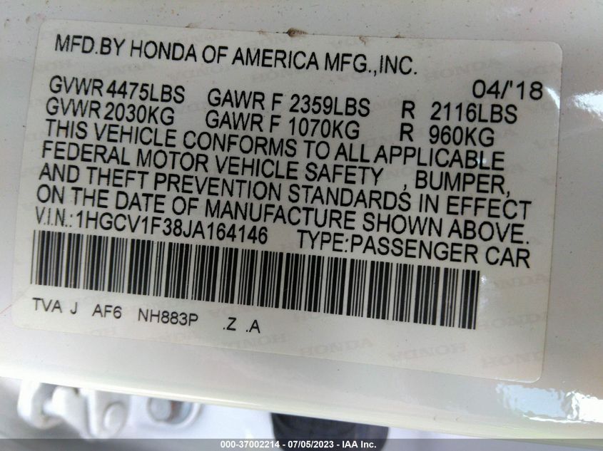2018 HONDA ACCORD SEDAN SPORT 1.5T - 1HGCV1F38JA164146