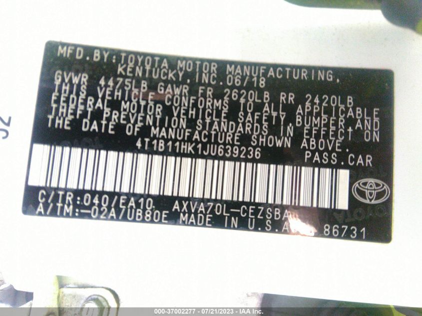 2018 TOYOTA CAMRY LE/SE/XLE/L - 4T1B11HK1JU639236