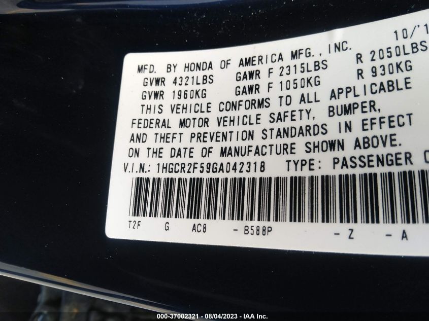 2016 HONDA ACCORD SEDAN SPORT - 1HGCR2F59GA042318