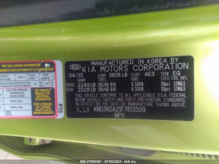 2015 KIA SOUL BASE - KNDJN2A21F7813509