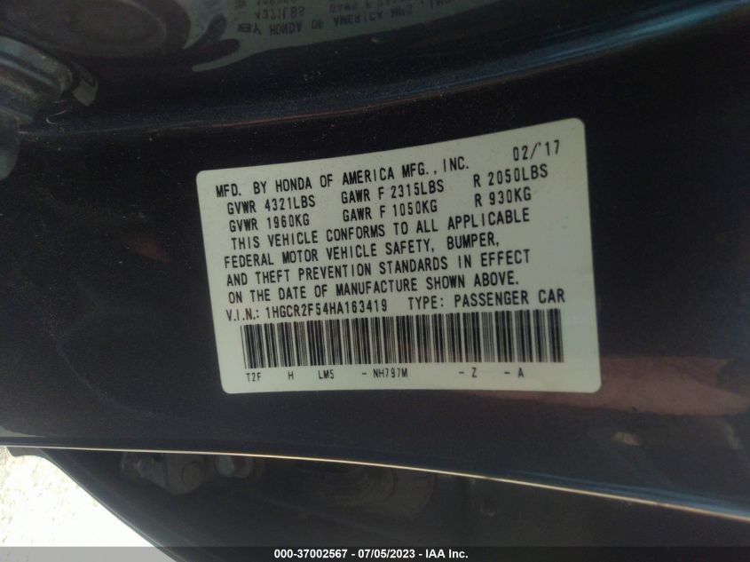 2017 HONDA ACCORD SEDAN SPORT - 1HGCR2F54HA163419