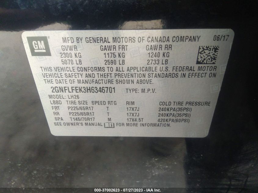 2017 CHEVROLET EQUINOX LT - 2GNFLFEK3H6346701