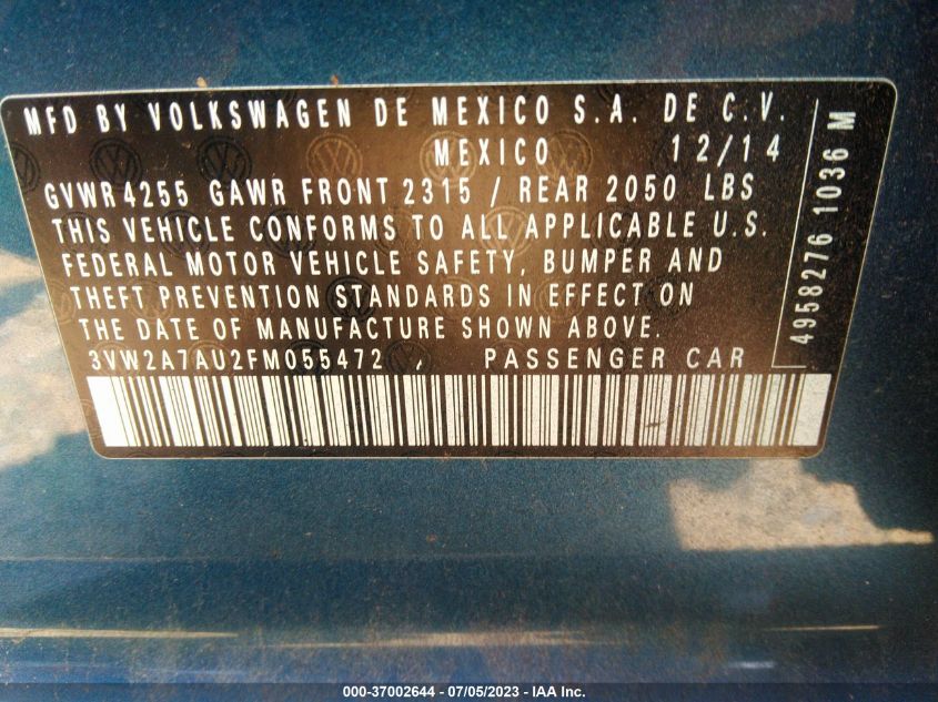 2015 VOLKSWAGEN GOLF TDI SE - 3VW2A7AU2FM055472