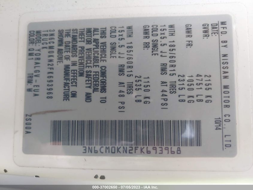 2015 NISSAN NV200 SV - 3N6CM0KN2FK693968