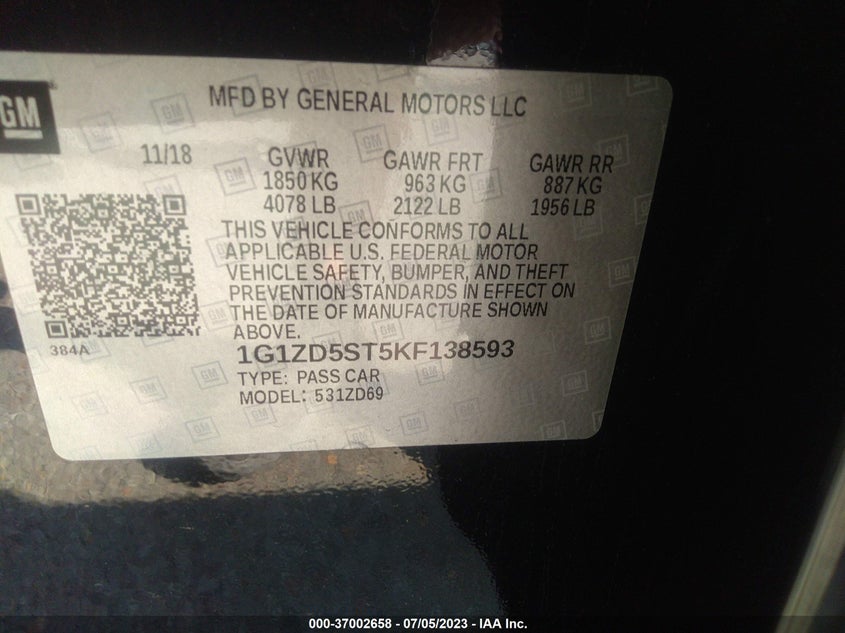 VIN 1G1ZD5ST5KF138593 2019 CHEVROLET MALIBU LT