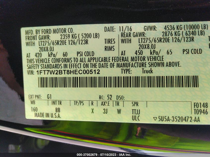 2017 FORD SUPER DUTY F-250 SRW LARIAT/PLATINUM - 1FT7W2BT8HEC00512