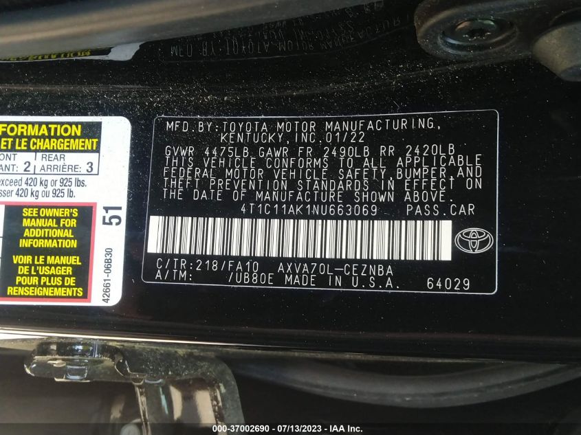 2022 TOYOTA CAMRY LE - 4T1C11AK1NU663069