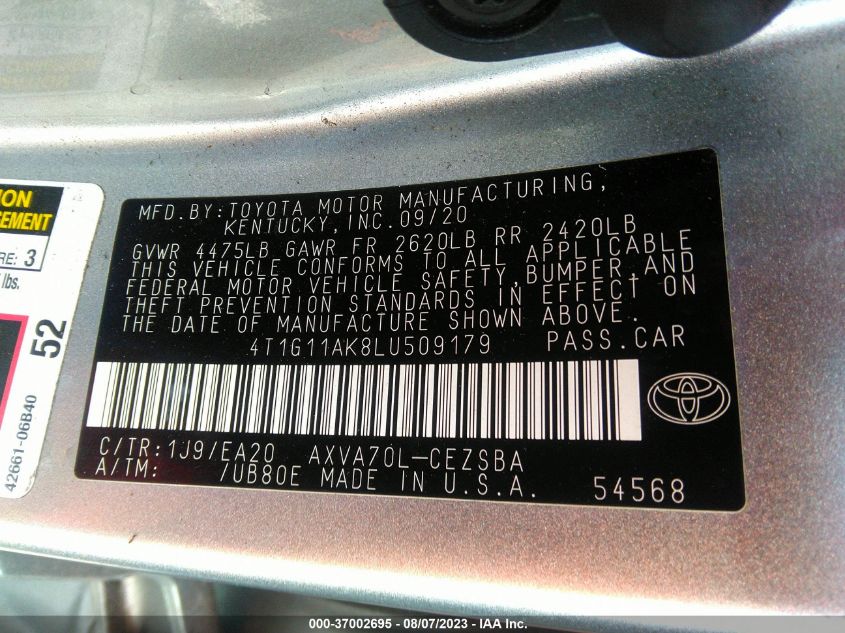 2020 TOYOTA CAMRY SE - 4T1G11AK8LU509179