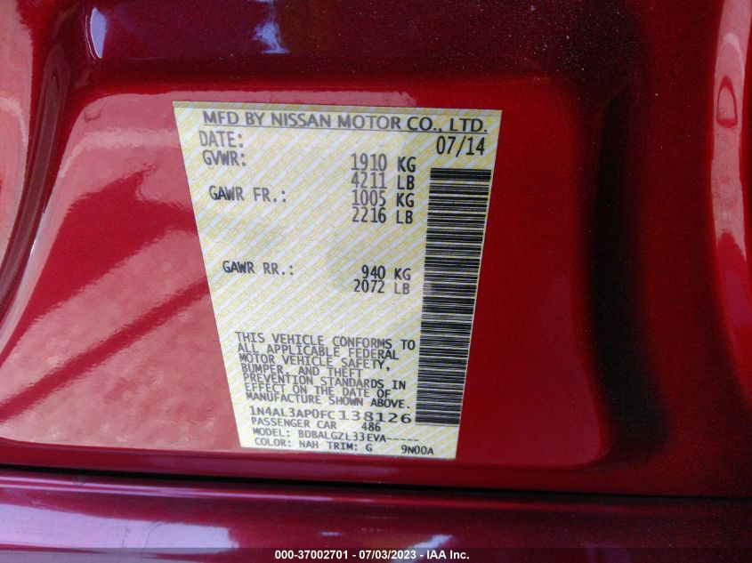 2015 NISSAN ALTIMA 2.5 - 1N4AL3AP0FC138126