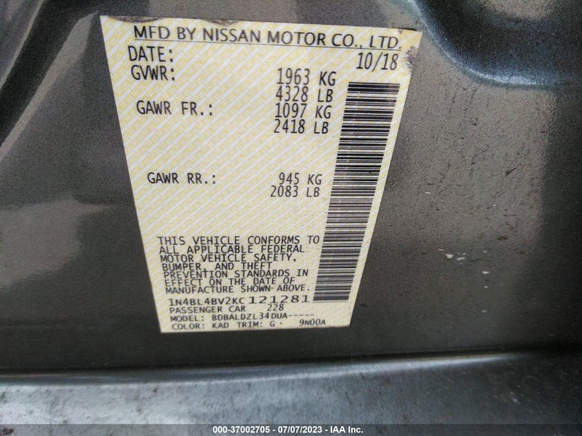 2019 NISSAN ALTIMA S - 1N4BL4BV2KC121281