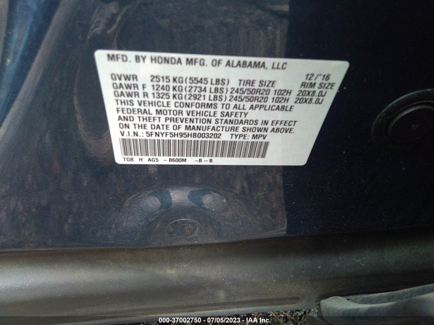 VIN 5FNYF5H95HB003202 2017 HONDA PILOT TOURING