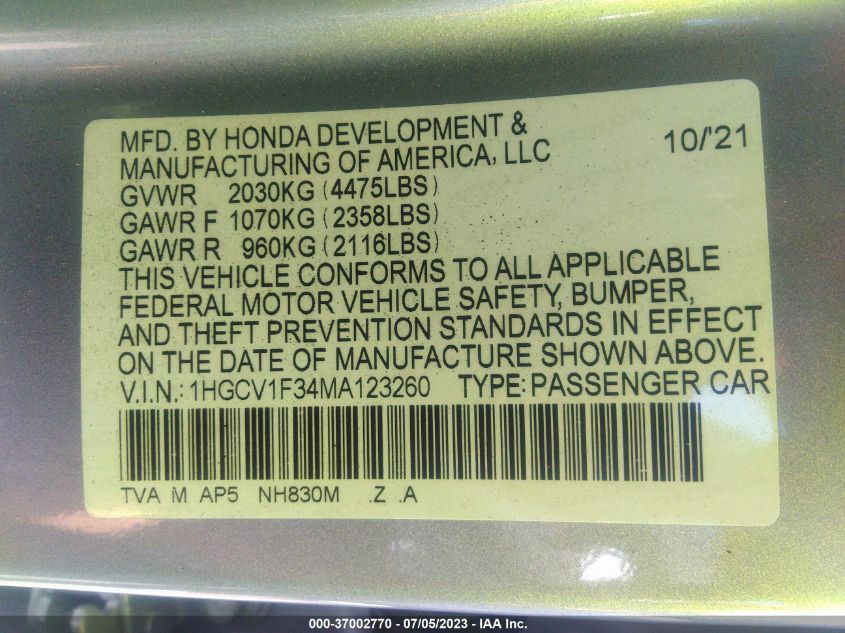 2021 HONDA ACCORD SEDAN SPORT - 1HGCV1F34MA123260