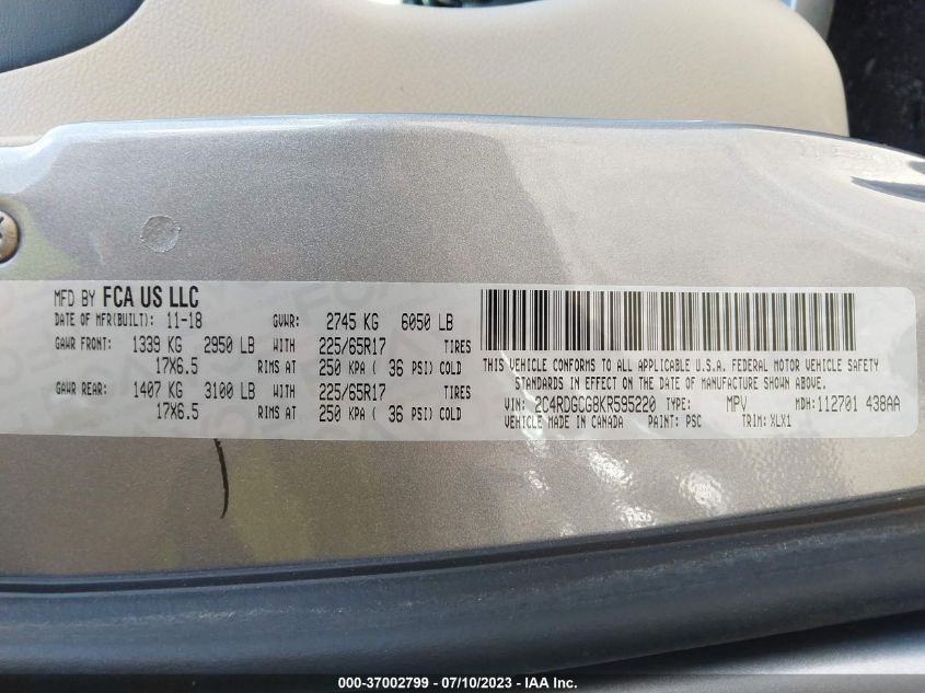 2019 DODGE GRAND CARAVAN SXT - 2C4RDGCG8KR595220