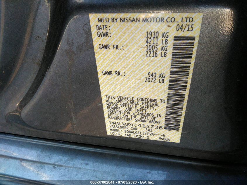 2015 NISSAN ALTIMA 2.5 S - 1N4AL3APXFC415736