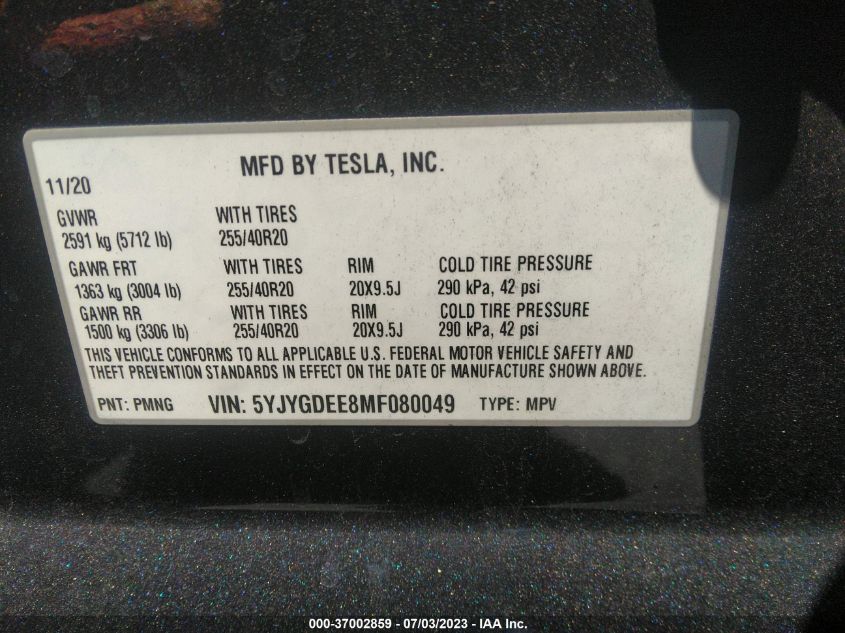 2021 TESLA MODEL Y LONG RANGE - 5YJYGDEE8MF080049