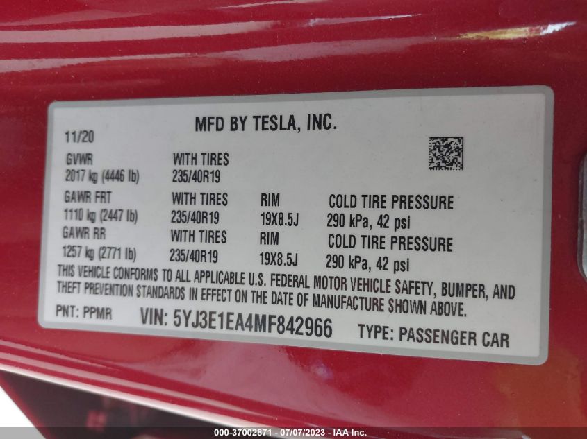 2021 TESLA MODEL 3 STANDARD RANGE PLUS - 5YJ3E1EA4MF842966