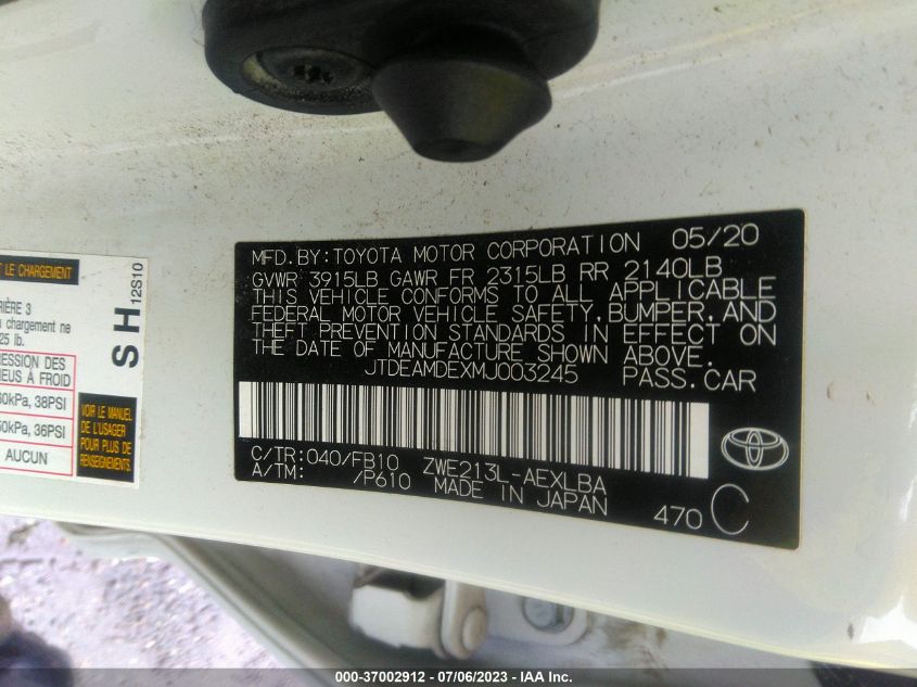2021 TOYOTA COROLLA HYBRID LE - JTDEAMDEXMJ003245