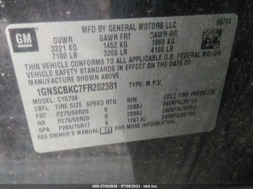 2015 CHEVROLET TAHOE LT - 1GNSCBKC7FR202381