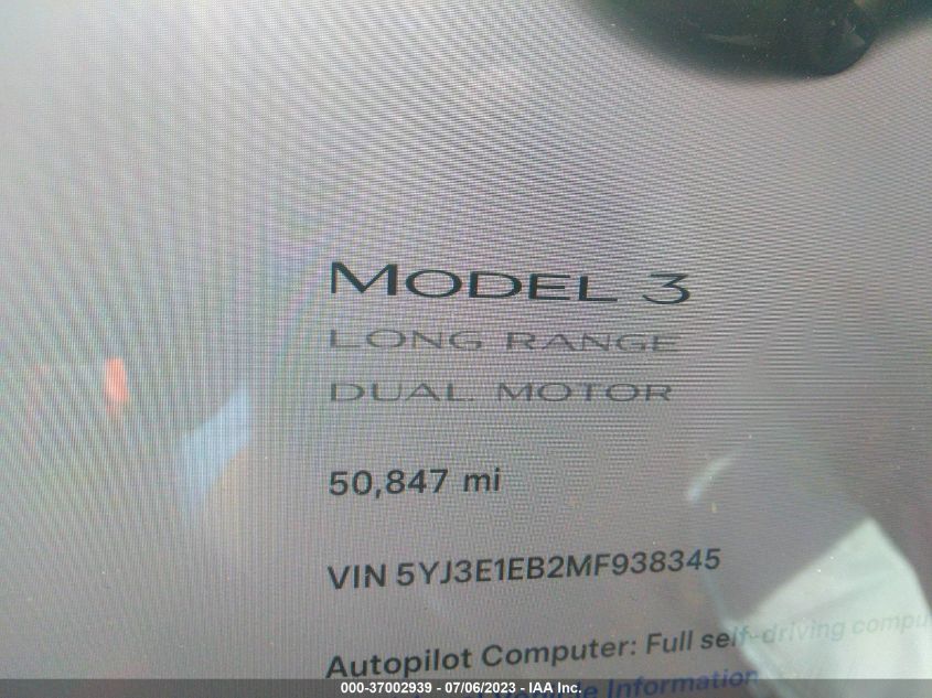 2021 TESLA MODEL 3 - 5YJ3E1EB2MF938345